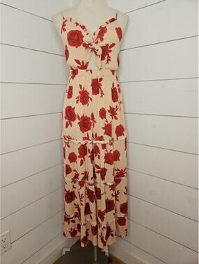 Justify medium cream & red floral tiered maxi dress. coastal!